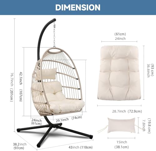 Goutime Hängender Eierstuhl mit Ständer und wasserdichter Abdeckung, Faltbarer Eierschaukelstuhl mit UV-beständigem Kissen, 204 kg Kapazität (Aprikosengrau, Egg Chair mit Ständer)