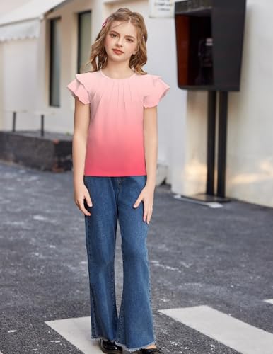 Image of Arshiner Girls T Shirts Ruffle Short Sleeve Summer Pleated Crewneck Casual Tops Tees Blouses
