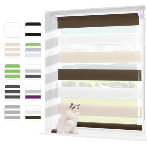 Wudomi Klemmfix Double Roller Blind, No Drilling, White/Beige/Brown 45 x 150 cm (W x H), Translucent and Blackout Duo Roller Blind, Clamping Roller Blind Side-Pull Roller Blind for Bedroom, Bathroom,
