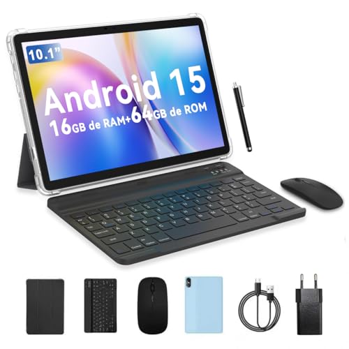 PRITOM Tablette 10 pouces 4 en 1 8 Go 64 Go ROM Android 14 1024 Go Expand,Qcta Core, WiFi 6, 6000 Mah, Tablette PC Ordinateur avec clavier, souris, étui, gris