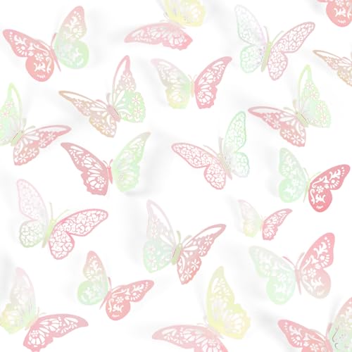 Image of Crosize 48 Pcs Laser Pink Butterfly Decorations, 4 Styles 3 Sizes, Wall Decor, 3D Butterfly Party Decorations, Butterflies for Crafts, Bouquet, Cake Decorating, Flower Arrangements
