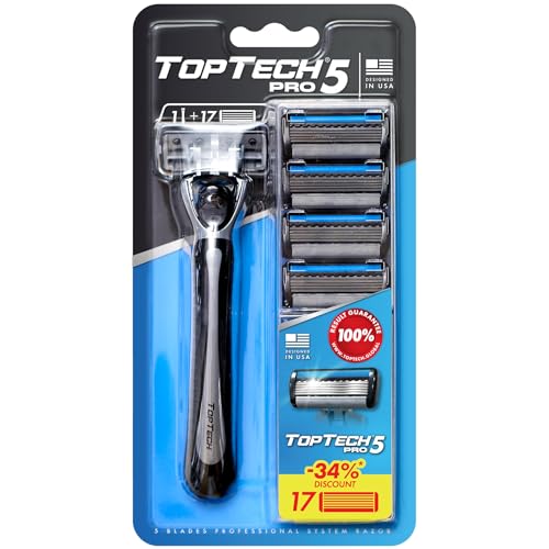 Toptech PRO 5 Razors for Men - Manual Shaving Razor & Replaceable Cartridges - 5-Blade Technology - 18 Count Pack (1 Handle + 17 Refills) - Soft Shave & Sharp Blades - Cost-effective Refill
