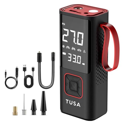 TUSA Cordless Tyre Inflator - Dual Mode Battery & 12V Car Port, 2X Faster Inflation Wireless Air Pump, 150PSI Portable Air Compressor for Cars, Bikes, Motorcycles, Balls, and Inflatables (Red)