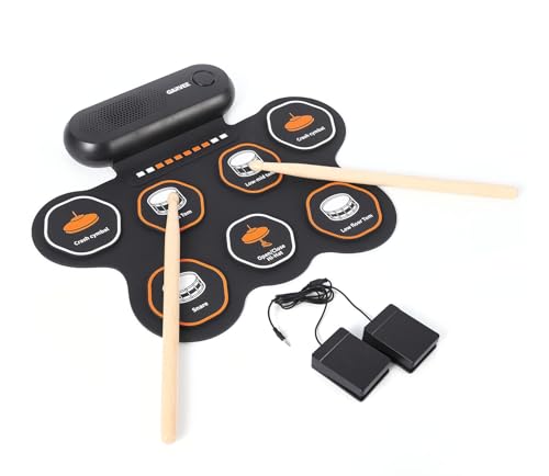 Image of Wireless Electronic Drum Set with 7 Pads, Portable Roll-Up Practice Kit for Kids & Beginners , Built-in Speaker, LED Lights, Recording & Headphone Output ,Includes Kick Pedal, Drum Sticks