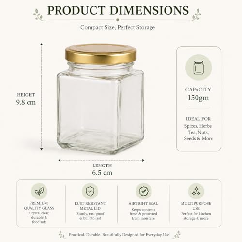 Image of Pure Source India Premium 150gm, 6 Pcs Glass Jar with Gold Lug Cap | Airtight Food Storage Jar for Honey, Jam, Pickles, Spices & Preserves
