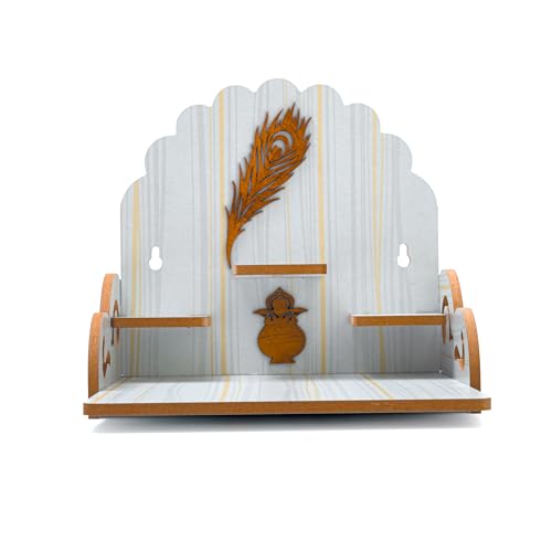 Wooden Wall Mounted Hanging Table top Temple Pooja Mandir God Stand Shelf for Storage and Idols Decoration for Home Office and Gifting (White Design-2)