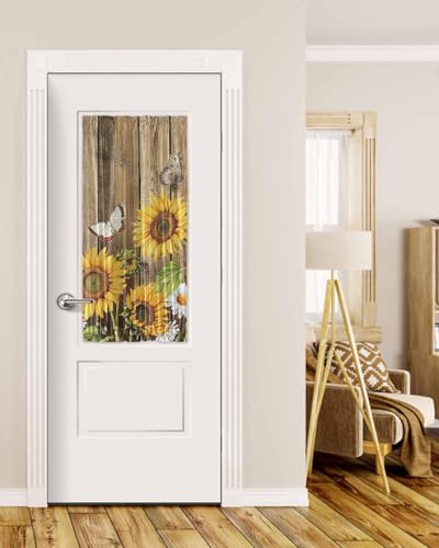 Farmhouse Sunflowers French Door Curtain Sliding Front Door Curtains for Glass Window Blackout Thermal Rustic Floral Buttterfly Wood Board Brown Sidelight Curtains for Living Room Patio 25"x40"