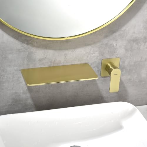 Image of AQUIEEN Plato Wall Mounted Waterfall Basin Mixer Tap | Modern Single Lever Concealed Basin Faucet | Contemporary Bathroom Sink Mixer (Brushed Gold)