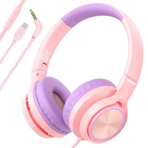 INFURTURE CH5 USB C/3.5mm Kids Headphones with Mic for Children Boys Girls, Line Control,Volume Limit 94dB, On Ear/Wired Headphones for School, Travel, for Cellphones, Tablets, PC, Kindle (Pink)