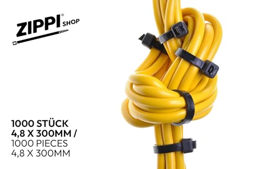 Kabelbinder 300mm Schwarz (1000 Stück) | 300mm x 4,8mm | Kabelbinder uv beständig | Cable clips für Elektroinstallation & Kabelmanagement | Zip Ties/Cable Ties