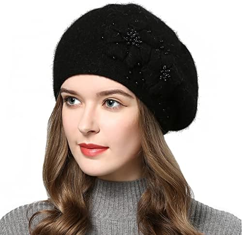 AICHUAN Women Winter Knit Beret Hat Rabbit Hair French Style Beret Classic Warm Casual Beanie Hat Black