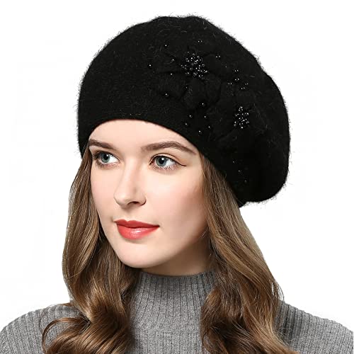 Aichuan Women Winter Knit Beret Hat Rabbit Hair French Style Beret Classic Warm Casual Beanie Hat Black #TOP19