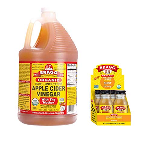 Bragg Organic Apple Cider Vinegar With the Mother 128 ounce and Bragg Organic Apple Cider Vinegar Shot with Honey 2 ounce ACV Shot Pack of 4 Bundle