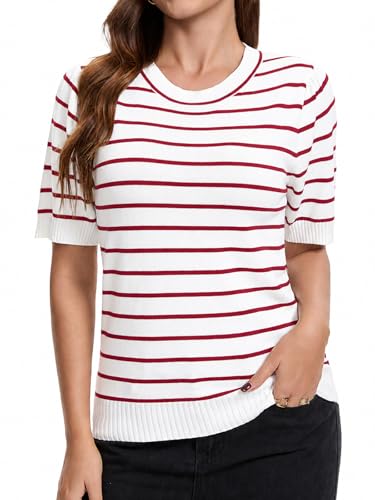 Image of Women Striped Short Sleeve Sweater Crew Neck Knit Top Pullover