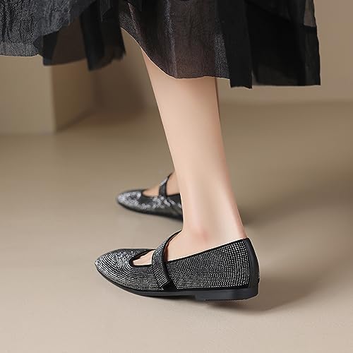 SHODENSE Women Vintage Rhinestone Flats Square Toe Mary Jane Flats Ankle Strap Glitter Ballet Flats Hook & Loop Flat Heel Dress Shoes Sparkly Ladies Girl Office Work Wedding Party Flat Shoes 4-11 M US 6