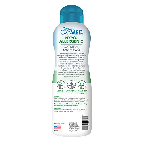 Image of TropiClean OxyMed Hypoallergenic Dog Shampoo for Allergies and Itching, Skin Soothing Shampoo for Pets with Sensitive Skin, Tearless, Cat Safe, 20oz.