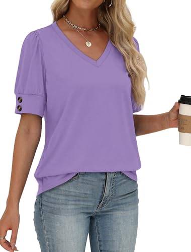 Image of OFEEFAN Womens Tops Short Sleeve Shirts Buttons V Neck Spring Fashion Summer Outfits Plus Size Blouses Dressy Casual