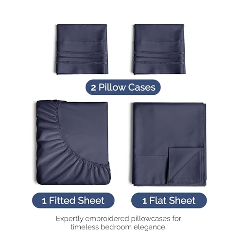 Image of Queen Size 4 Piece Sheet Set - Soft & Cooling Bed Sheets - Deep Slate Blue | Fits 8 Inch to 16 inch Mattress, Wrinkle Free & Fade Resistant with Deep Pockets, Breathable, Comfy Hotel Luxury Bedding