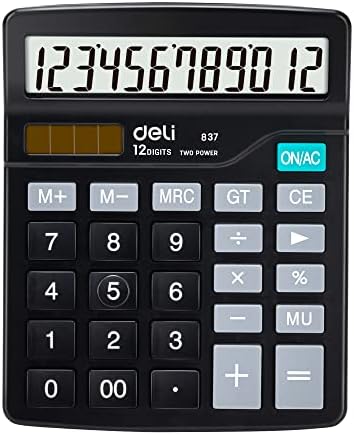 Calculator, Deli Standard Function Desktop Calculators with 12 Digit Large LCD Display and Sensitive Button, Solar Battery Dual Power Office Calculator, Black