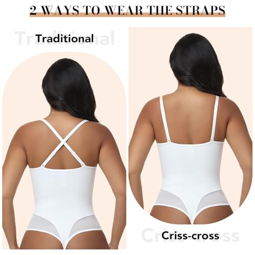 JOYSHAPER Thong Shapewear Bodysuit for Women, Tummy Control Corset Body Suit Tops Deep V-Neck Low Back Body Shaper with Padded Bra White S — view 3