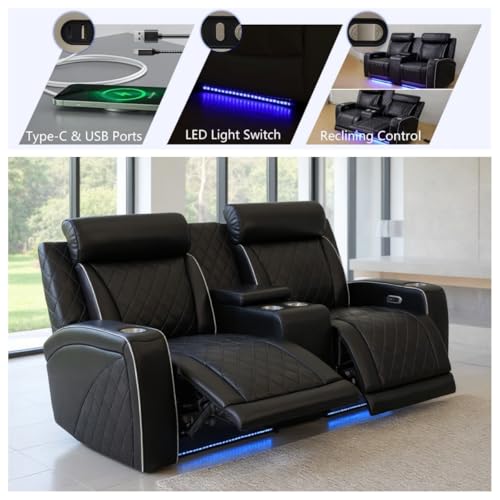 Image of Leather Recliner Loveseat Set, Power Black Leather Sectional Set with LED Light, Living Room Furniture Sets 2 Seats, Power Reclining Sofa Sets with Storage Console /Cup Holder for Living Room