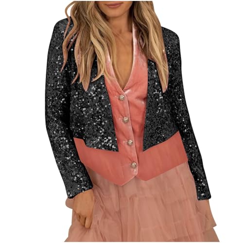 Women's Glitter Sequin Jackets Open Front Blazer Casual Long Sleeve Collarless Sparkly Lightweight Cropped Cardigan Coat