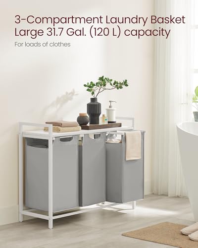 Image of VASAGLE Laundry Hamper, Laundry Basket, Laundry Sorter with 3 Pull-Out and Removable Bags, Shelf, Metal Frame, 3 x 10.6 Gallons (40 L), 36.4 x 13 x 28.4 Inches, Dove Gray and Cloud White UBLH301W03