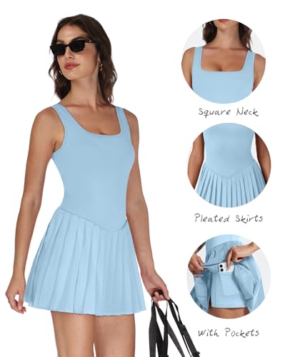 Image of NIASHOT Athletic Dress for Women with Shorts Sleeveless Womens Golf Dress | Pleated skirt with shorts, Vacation dresses, Graduation dresses, Pilates fashion clothing, Country concert outfits for women