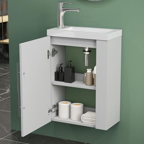 AICA Mueble con Lavabo,44 x 23 x 60 cm, Mueble de baño para Colgar en la Pared,diseño de Dos cajones, Acabado en Blanco, con Lavabo Blanco. Mobiliario Moderno. - imagen 4