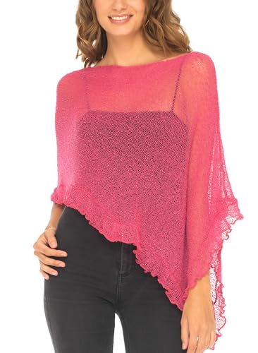 Image of SHU-SHI Women's Sheer Knit Poncho Shrug Lightweight Asymmetrical Ruffle Wrap Dressy Summer Shawl Cover Up Top