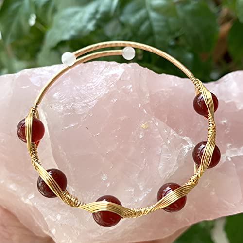 Handmade Genuine Red Agate 14K Gold Filled Wire Wrapped Bracelet, Evil Eye Birthstone Chakra Healing Grounding Gemstone Crystal Beads Adjustable Bangle Cuff Jewelry Gift For Women Girls #TOP2