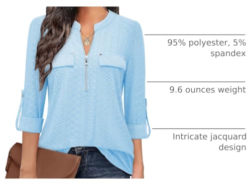 Image of Bulotus 3 /4 Length Sleeve Womens Striped Tops Zipper V Neck Collared Blouses Business Casual Tunics 2026 Spring Trendy