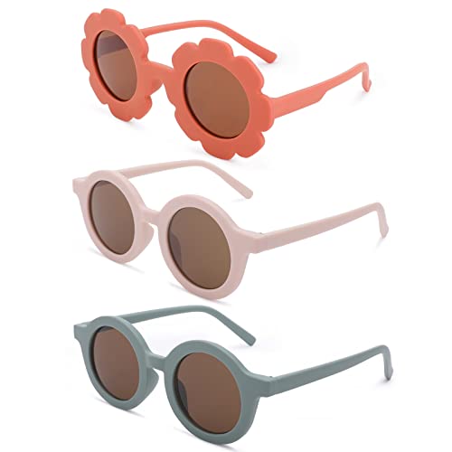 Cute flowers and round sunglasses for Kids Flexible Rubber Frame UV400 Protection for Toddler Girls Boys Age 2-103