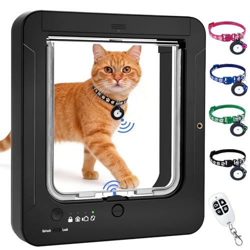 Smart Cat Door with 4 Collar Sensor Key RFID Electronic Cat Door Collar Activated with Remote Control 4 Way Locking Cat Flap Automatic Pet Door Interior & Exterior