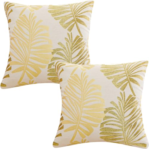 Tennove Cushion Covers 55x55cm Cotton Linen & Velvet Soft Throw Pillow Covers Set of 2 Decorative Tropic Leaf Pattern Square Cushion Cases Pillowcases for Couch Sofa Home Décor, Yellow