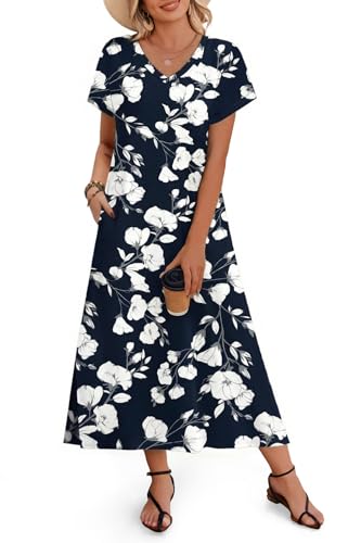 Image of Zeagoo Women Summer Floral Dress Short Sleeve Beach Dress with Pockets Casual V-Neck Split Long T-Shirt Dress Travel Vacation