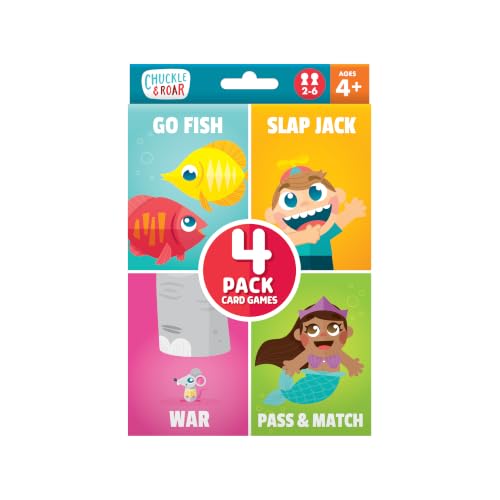 Chuckle & Roar 4-Pack Classic Card Games for Kids – Go Fish, Slap Jack, War & Pass & Match, Family Game Night Bundle with 157 Durable Cards, Travel-Friendly Playing Cards for Ages 4+, 2–6 Players