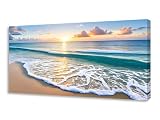 KUNHAAH Wall Art Canvas Painting Sunset Waves on the Beach 1 Piece Colorful Sky and Sparkling Clouds on the Sea Surface Picture Poster Print Framed and Stretched Ready to Hang for Living Room Bedroom