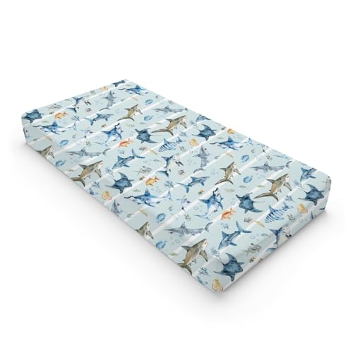 Image of Blue Sharks Baby Changing Pad Covers Sea Animals Sharks Stripes Nursery Diaper Changing Table Sheets for Boy Girl Ocean Fishes Corals Nautical Life Soft Breathable Stretch Change Table Mat 32''x16''