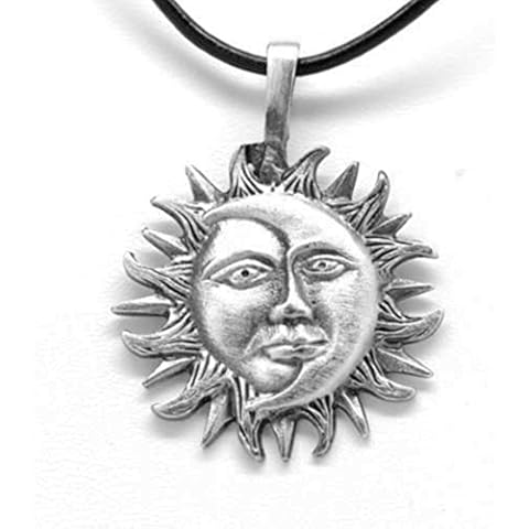 Trilogy Jewelry Pewter Sun Moon Face Celestial Lunar Solar Pendant, Black Necklace Cord with Clasp Cover