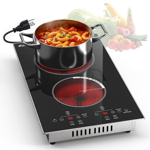 Image of 2 Burner Electric Cooktop - 110v Countertop and Built-in Electric Stove 2000W, Two Burner 12 Inch Ceramic Stove with 99 Mins Timer, Safety Lock, Touch Control, Portable 110-120V Plug in