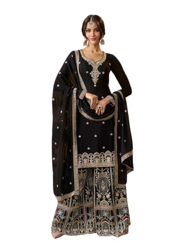 Image of Designer Palazzo Sharara Suit Set with Embroidered Dupatta, Traditional Indian Ethnic Dress, White and Black Variants