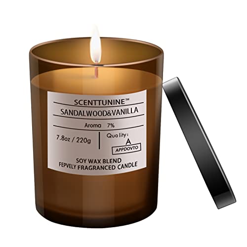 SCENTTUNINE Scented Candle, Pure Natural Organic Soy Wax Candle Jar 40h Burn Time Aromatherapy Fall Candles for Home Scented Halloween Christmas Gift, Sandalwood&Vanilla 7.8 OZ
