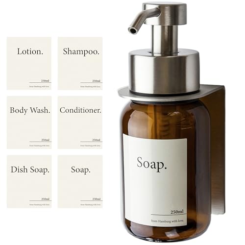 Design Hambourg Distributeur De Savon Mural en Verre avec Fixation Auto-Adhésive | Distributeur À Pompe en Acier Inoxydable | Support Savon Salle de Bain...