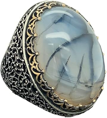 Mens Handmade Ring, Large Yemen Agate Gemstone Ring, Men Sterling Silver Ring, Ottoman Jewelry, Men Vintage Ring
