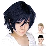 CaseEden Blue Exorcist Rin Okumura, Prince of Tennis, Cosplay Wig, Short 13.8 inches (35 cm), Heat Resistant, Navy, Dark Blue & White Melce Wig Net Set of 2 (Black & Skin Color)