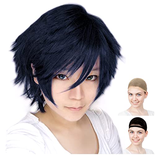 Perruque bleu marine courte qui reste en place grâce aux deux bonnets intégrés pour cosplay