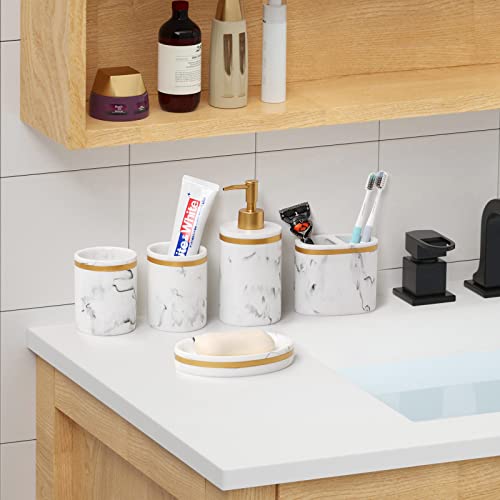 Weyeen Bathroom Accessory Set,5 Pieces Marble Pattern Bathroom Counter Top Accessories Sets With Bathroom Soap Dispenser,Toothbrush Holder,Two Bathroom Cups And Soap Tray For Modern Bathroom Decor #TOP1