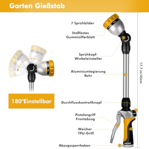 RESTMO 42cm Metall Bewässerungsstab, Gartenbrause Metall Heavy Duty mit 180° schwenkbaren Kopf | 7 Sprühmustern | Durchflusskontrolle | Ideal zum Bewässern von hängenden Körben und Sträuchern – Bild 3