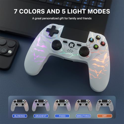 Image of Wireless Controller for PS4 2-Pack with RGB LED Modes, Gaming Remote for PS4 with1000mAh Battery /Dual Shock /6-Axis Gyro /3.5mm Audio Jack /Speaker, Gaming Controller for Playstation 4 /PS3(White+Black)